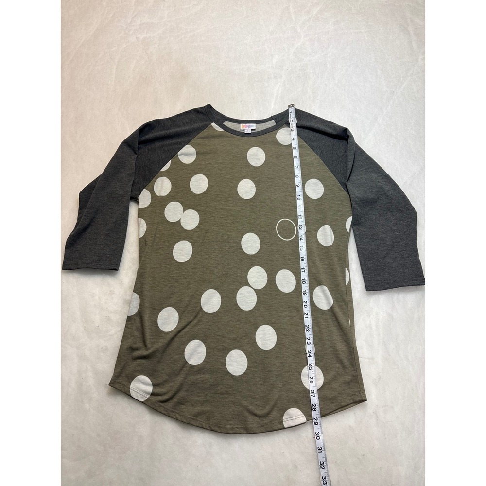 LuLaRoe Olive Green White Polka Dot Baseball Tee Shirt Womens L Raglan Sleeve